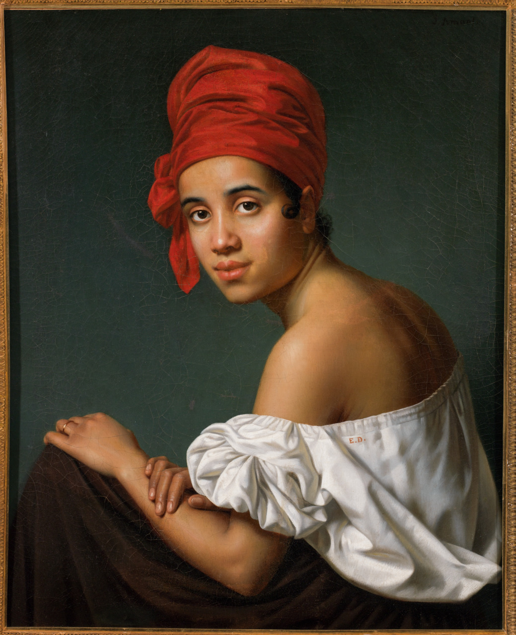 A woman in a white, off-the-shoulder blouse and a red headscarf gazes softly at the viewer. Her hands rest gently on her knee against a dark background. The painting has rich, warm tones and intricate details.