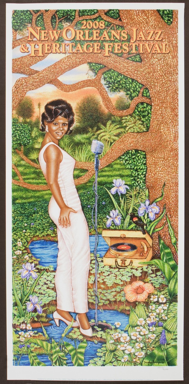 A woman in a white dress stands on grass near a microphone beside a small stream. Behind her, there is a tree and an old gramophone. Flowers and leaves surround the scene. Text at the top reads 2008 New Orleans Jazz & Heritage Festival.