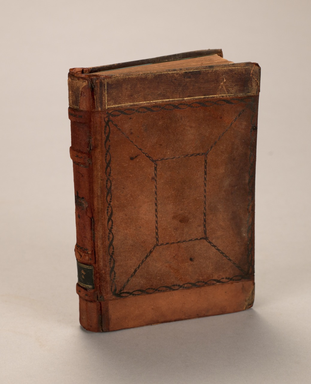 An old, weathered book with a brown leather cover, featuring embossed decorative patterns and visible wear around the edges, is standing upright on a neutral background.