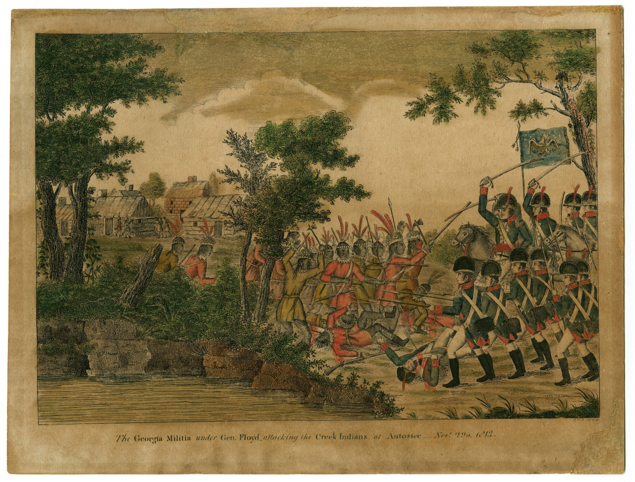 A historical illustration depicting the Georgia Militia under General Floyd confronting Creek Indians near a river. Soldiers with muskets advance from the right, facing Native Americans with spears to the left. Trees and cabins are in the background.