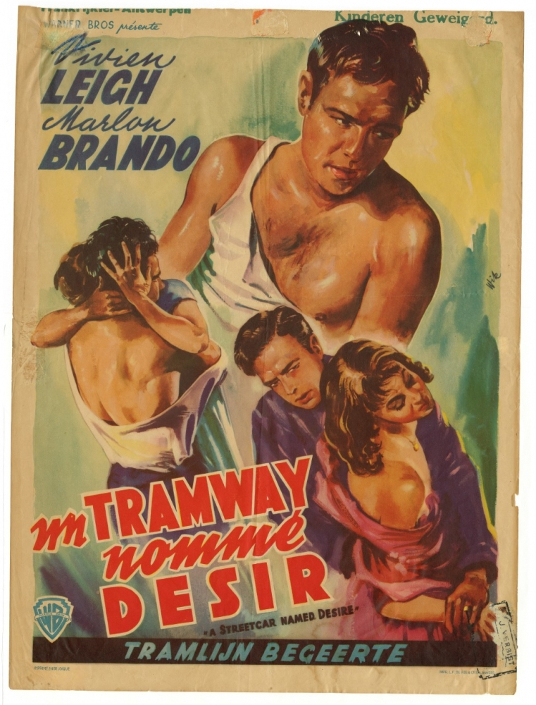 Vintage movie poster for Un Tramway Nommé Désir, featuring illustrated dramatic scenes with three individuals in emotional poses. The text includes actor names Vivien Leigh and Marlon Brando, with colorful and bold typography.