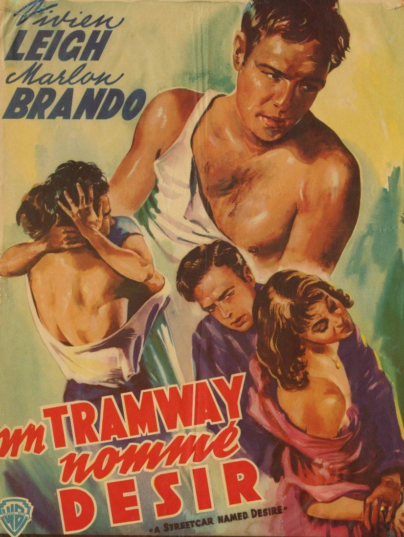 Vintage movie poster featuring three people in dramatic poses, with text reading Un Tramway Nommé Désir. The poster includes vibrant colors and theatrical expressions, suggesting a classic film theme.