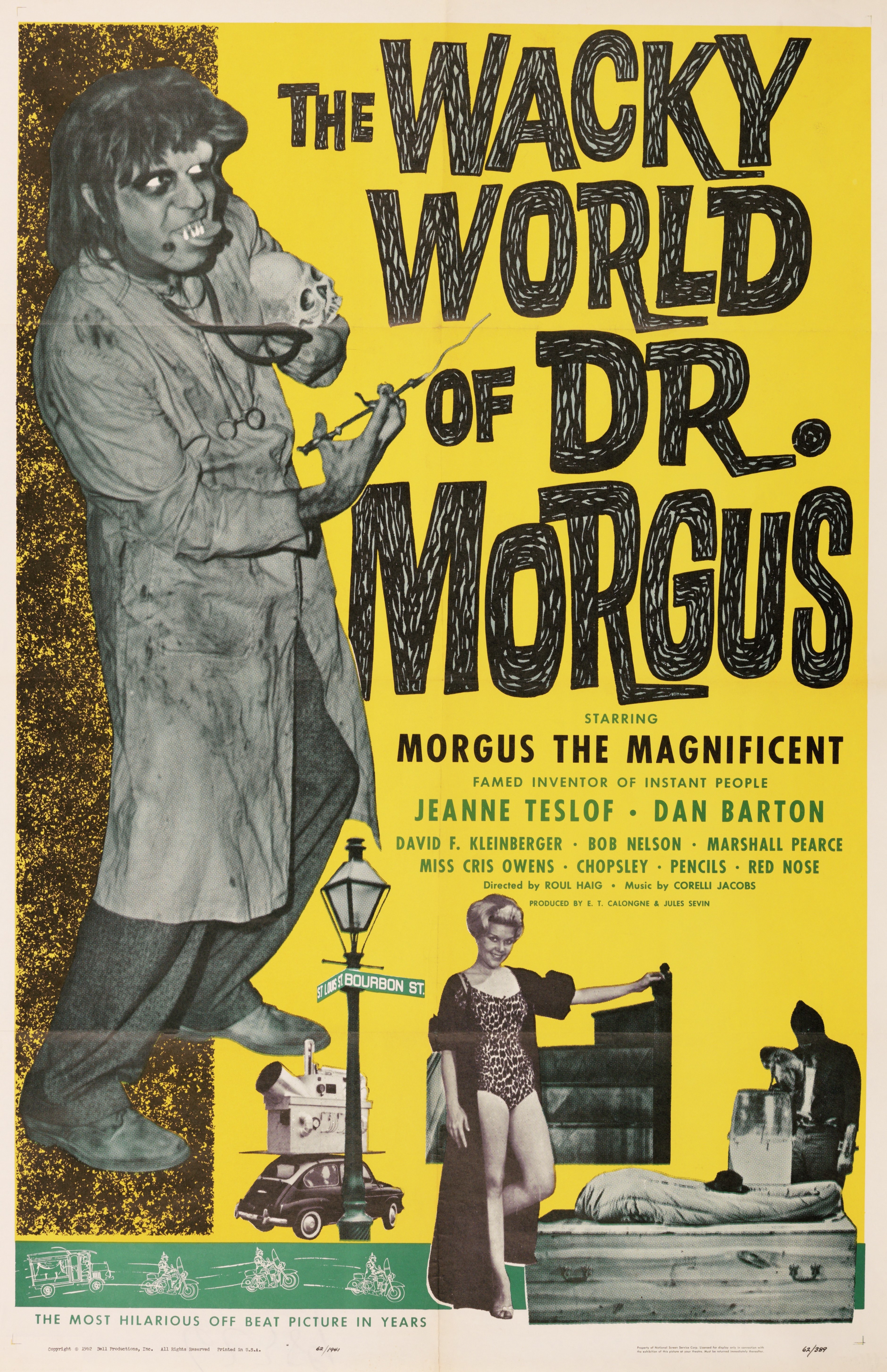 A vintage movie poster titled The Wacky World of Dr. Morgus. It features a large image of a scientist in a lab coat holding a vial. Below, a woman in swimwear stands next to scientific equipment. The color scheme is mostly yellow with green accents.