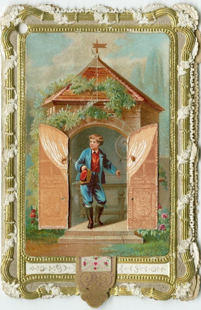 A vintage illustration of a young boy stepping out of an ornate, open-doored building with foliage on the roof. Hes dressed in blue attire with a red sash. The image is framed with a decorative gold and lace border.