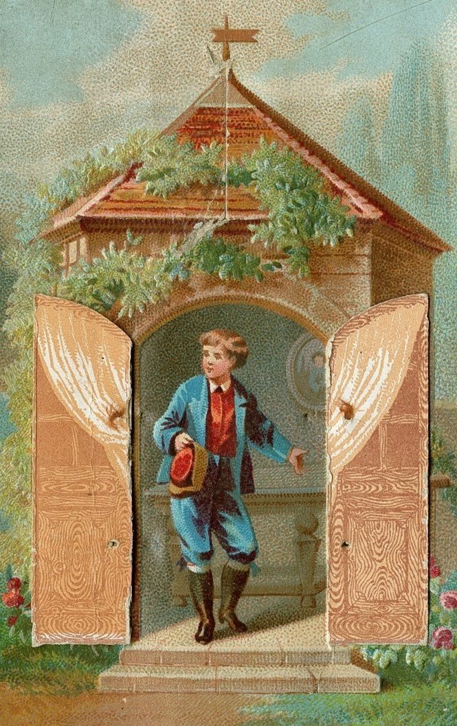 A boy in a blue suit and red shirt holds a hat in one hand, standing at the doorway of a small structure adorned with greenery. The open wooden doors reveal a cross on the roof.