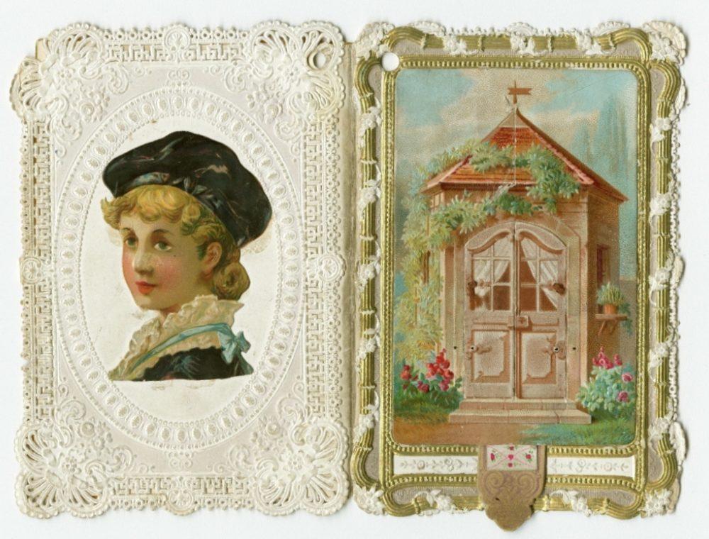 An ornate vintage card with two panels: the left shows a young person in historical attire with a lace hat, framed by an intricate lace-like border; the right features a charming cottage surrounded by greenery and flowers.