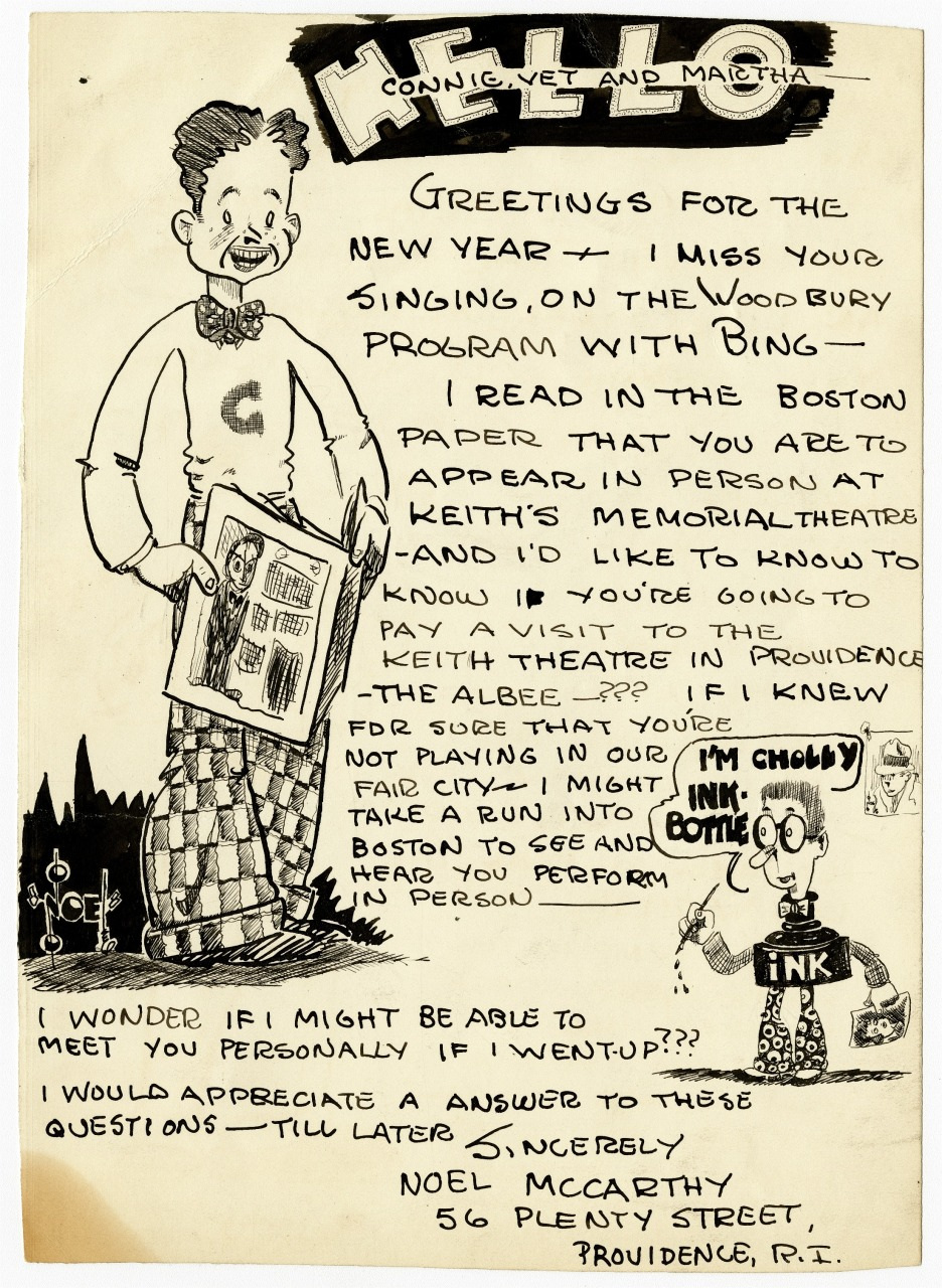 A cartoon man holds a newspaper and looks happy. He is speaking to someone not visible. The text depicts the man writing to a performer, expressing excitement about a New Years performance and requesting tickets or a meeting.