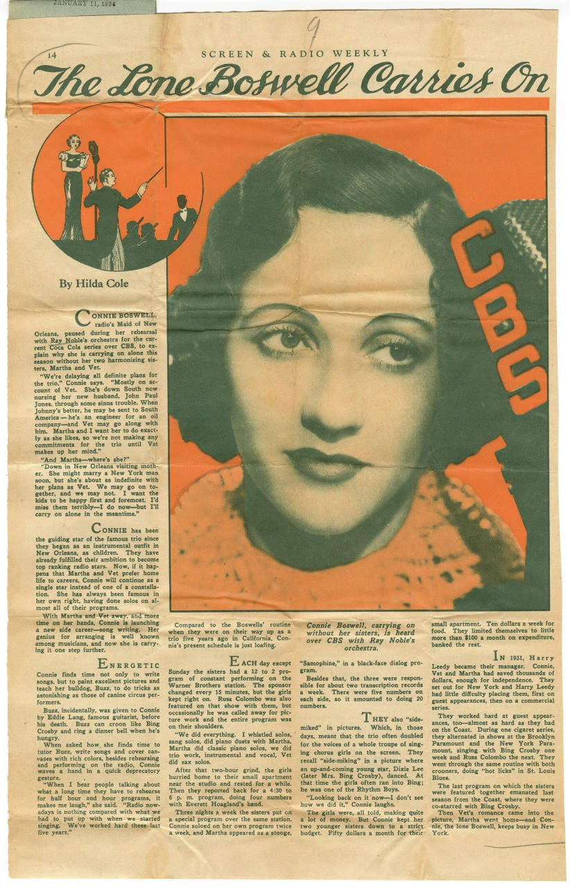 Vintage newspaper page featuring a woman with short hair as the main image. The headline reads The Lone Boswell Carries On, with illustrated musicians playing instruments. Text columns surround the images.