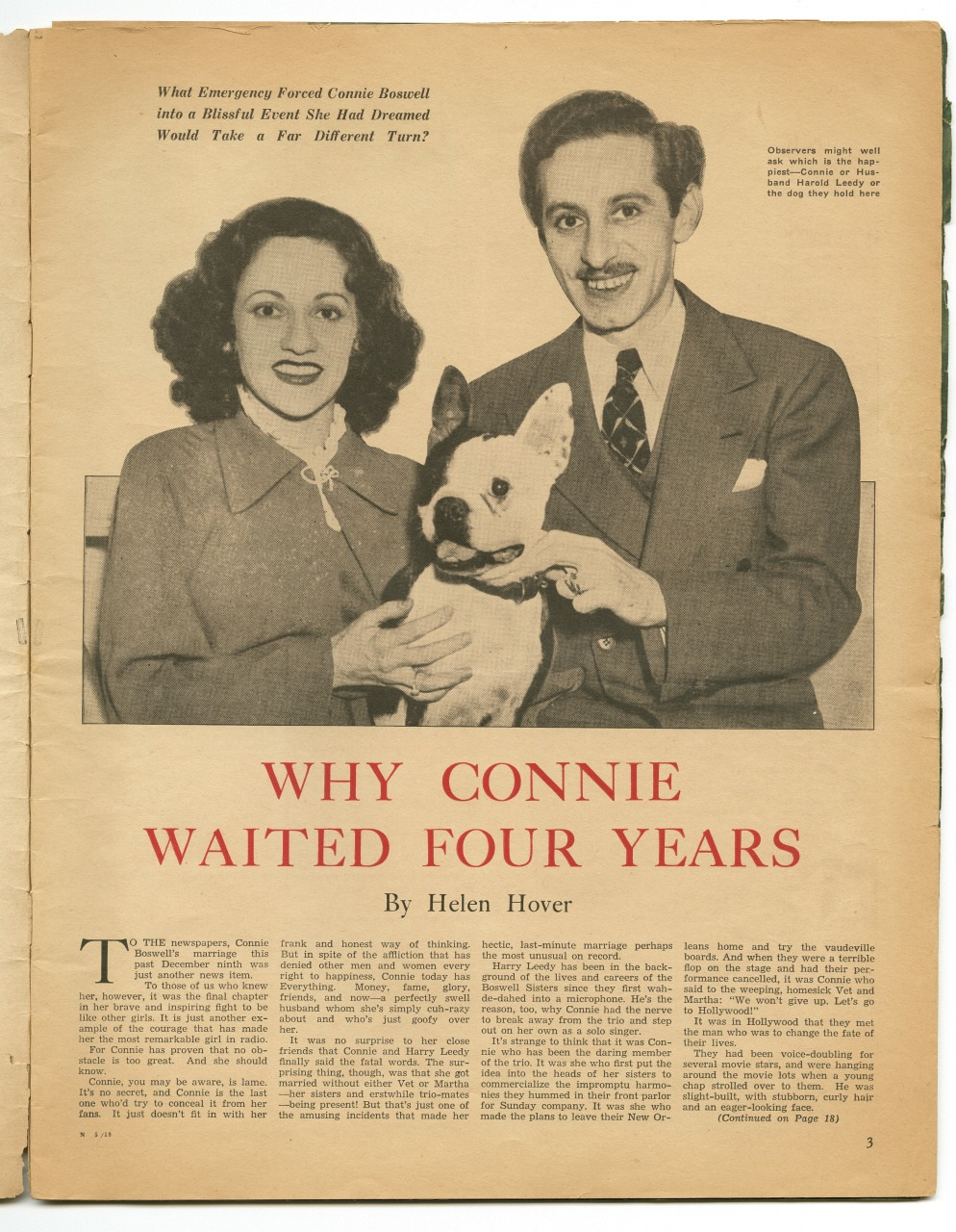 A black and white vintage magazine page featuring a smiling couple and a dog. The headline reads, Why Connie Waited Four Years by Helen Hover. The couple is standing close together, and the dog is held by the woman.