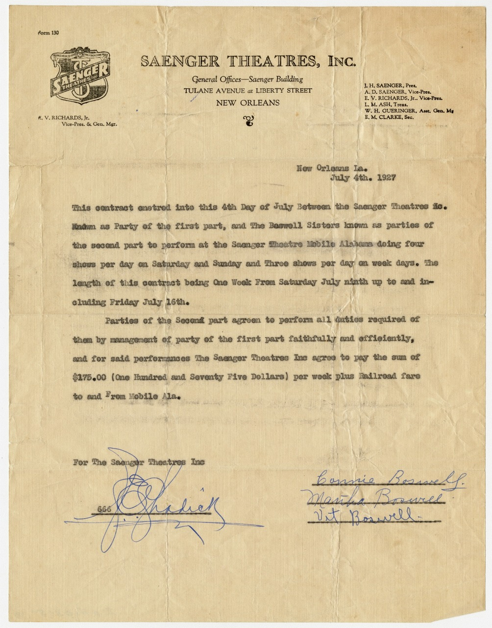 A vintage letter dated July 14, 1927, from Saenger Theatres, Inc., discussing a contract with the Boswell Sisters. It details a performance schedule and payment agreement, with signatures from representatives at the bottom. The paper is yellowed with age.