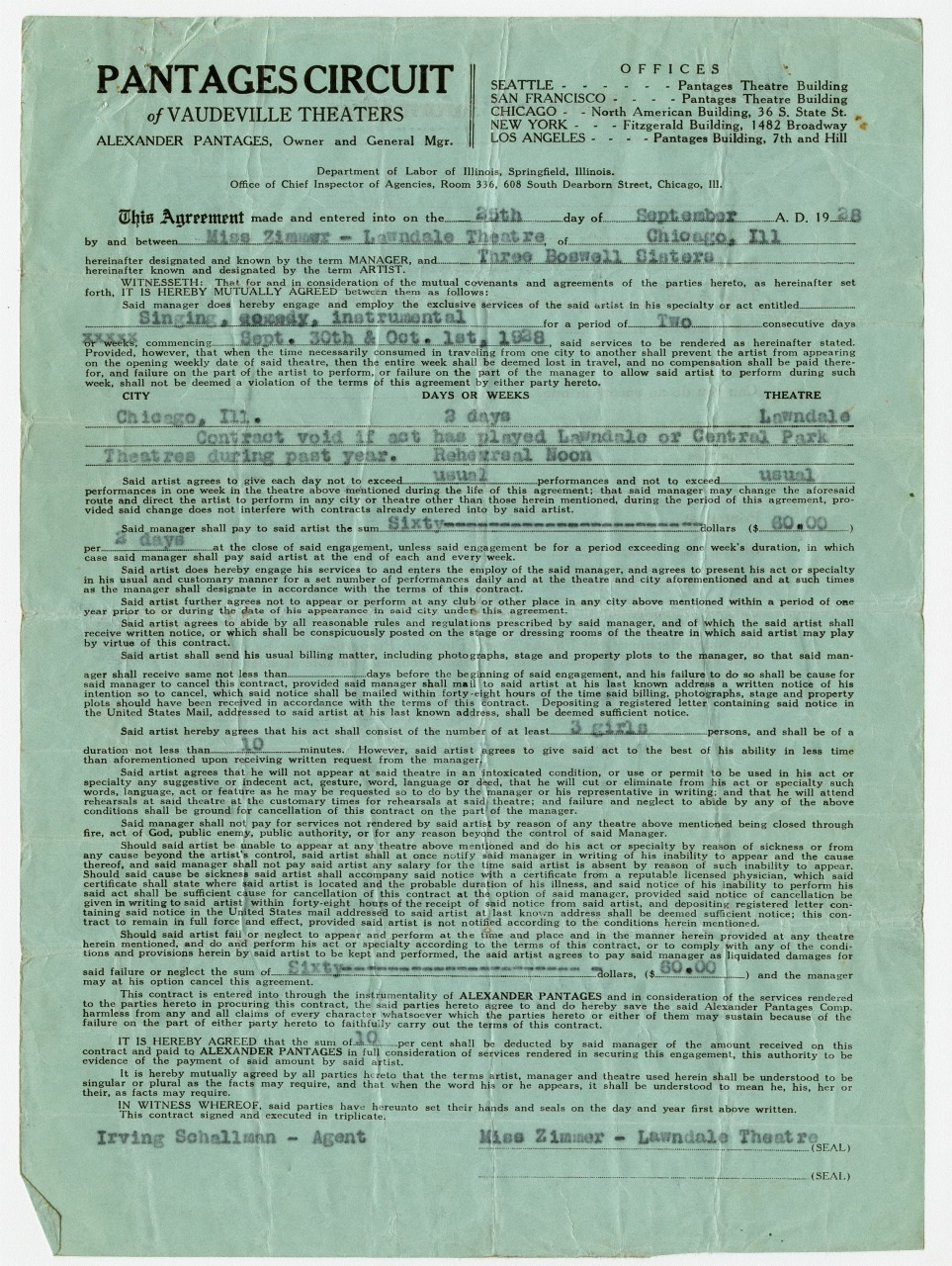 A vintage legal contract on green paper for Pantages Circuit of Vaudeville Theaters, dated September 28, 1928. It details terms for a performance run from October 14-20, 1928, featuring artists Warde and the Three Bobs Pastors.