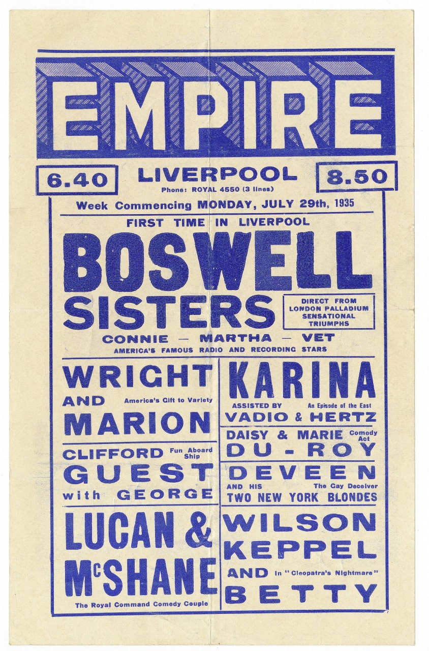 Vintage 1935 theatre poster for Empire, Liverpool featuring the Boswell Sisters, Wright and Marion, Karina and others. Blue text on a cream background, advertising various performances from July 29th onwards.