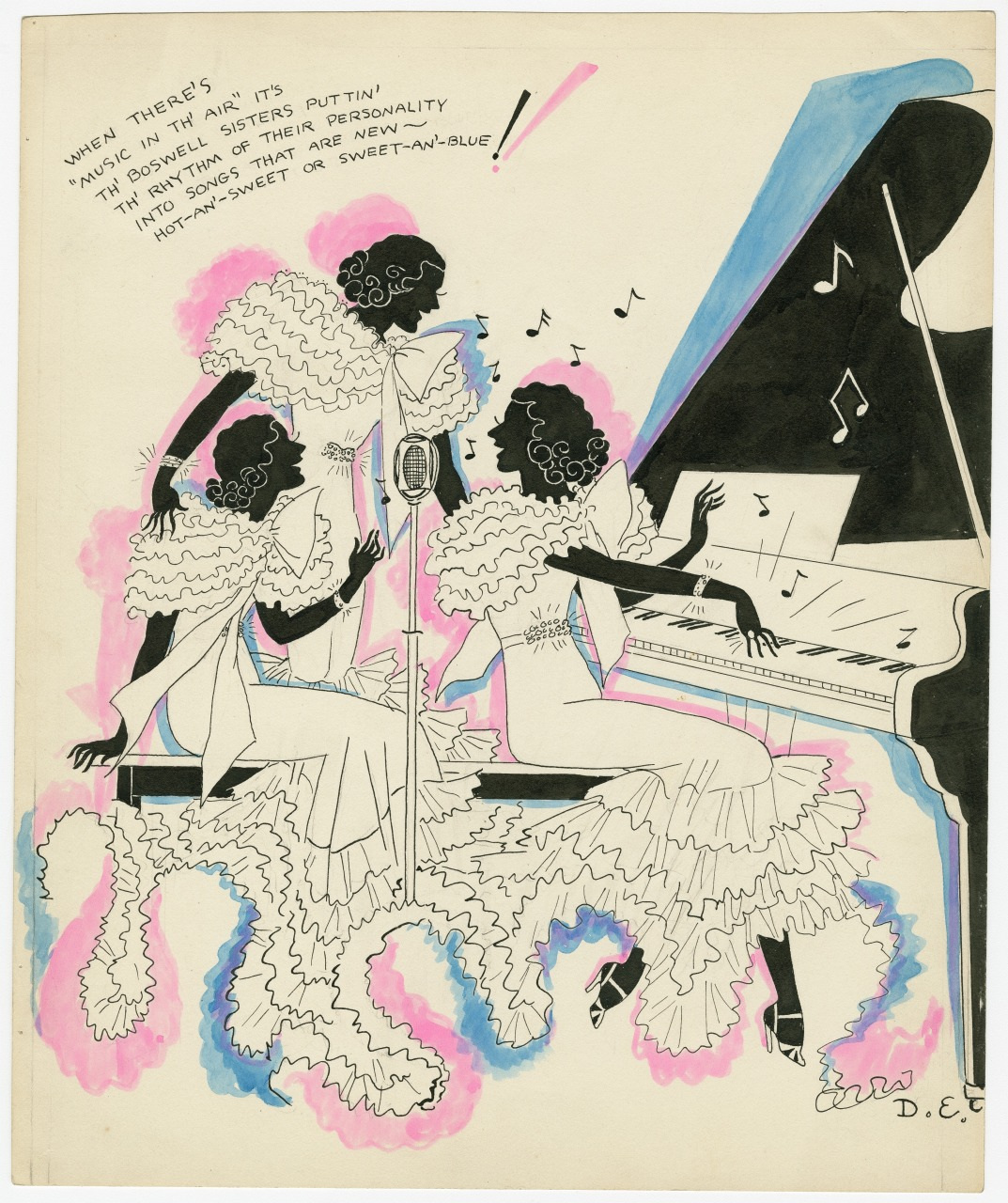 A vintage illustration features three women in ruffled dresses playing a piano and singing. Musical notes surround them. A whimsical quote in the top left corner reads, When Theres Jazz in the Air its the Spirits Puttin it Down!.