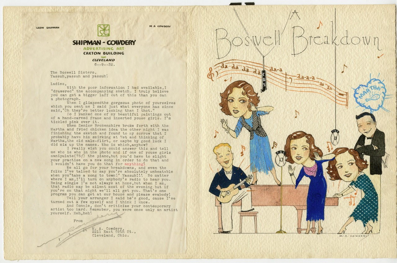 A vintage advertisement with text and illustrations. On the left, a typewritten letter on Shipman-Cowdery letterhead. On the right, cartoon-style drawings of musicians performing with musical notes above them, titled Boswell Breakdown.