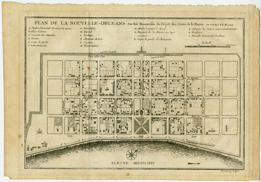 Vintage map of New Orleans, titled Plan de la Nouvelle-Orléans, showing a grid layout with labeled streets, buildings, and the Mississippi River at the bottom. French text provides details about the areas and landmarks.