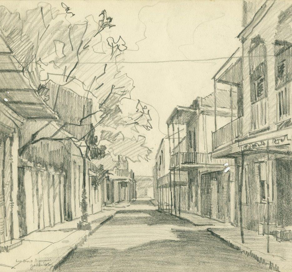 A black and white pencil sketch depicts a quiet street lined with buildings and balconies on both sides. Bare trees extend over the empty street, casting intricate shadows. The scene conveys a sense of calm and stillness.