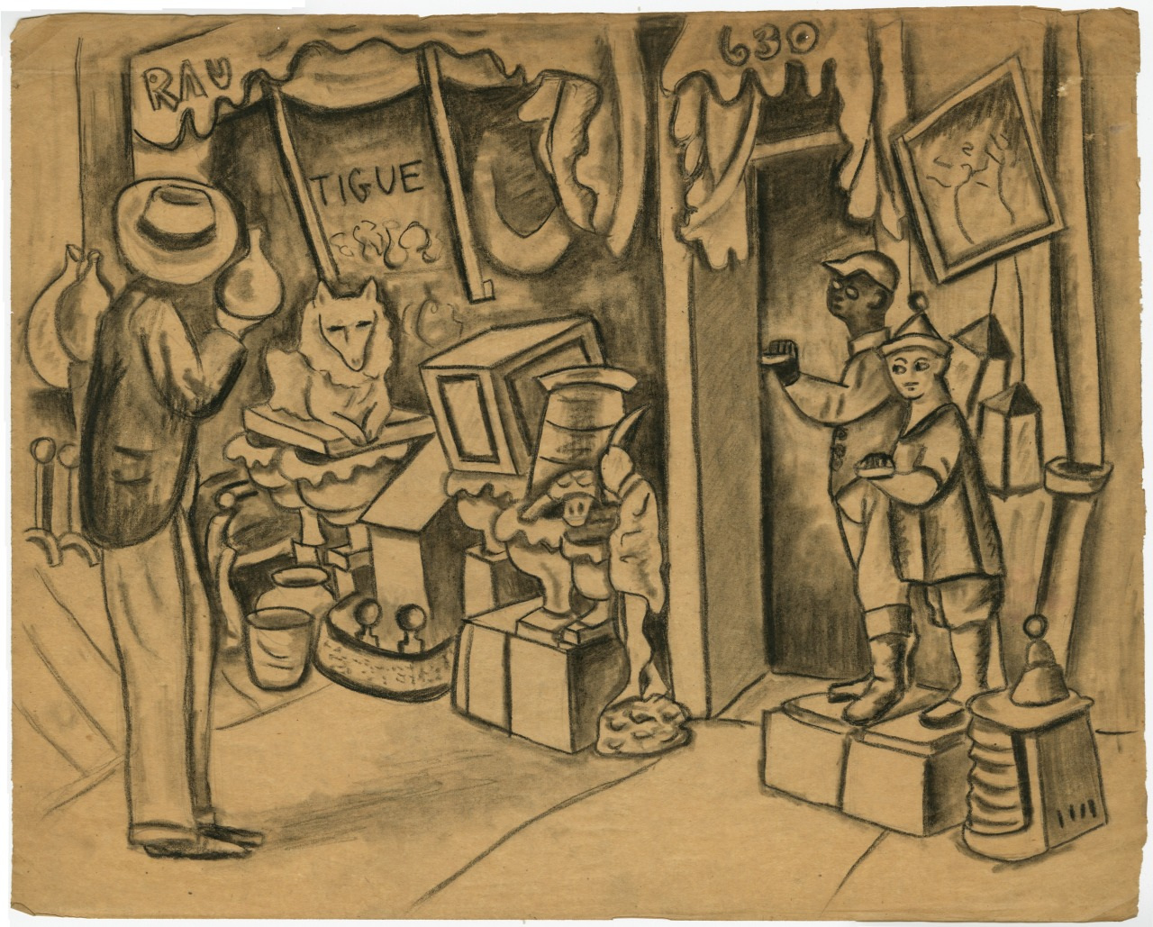 A man in a hat looks into a shop filled with various items, including statues and toys. A shopkeeper stands near the entrance, and a young boy, holding a hat, is positioned at the entrance on a box. Signs read RAU and 630.