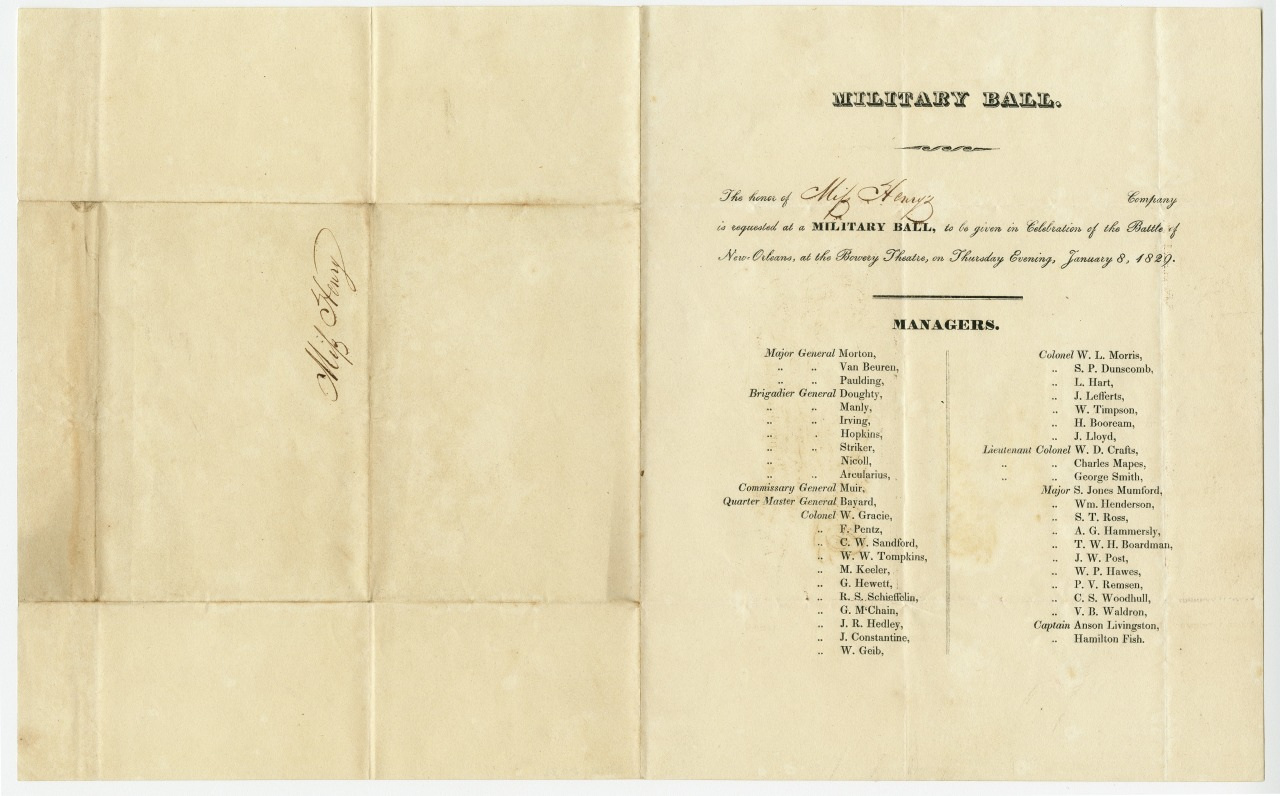 An old, beige invitation to a Military Ball at the Theatre in New Orleans on January 8, 1829. The invitation lists several managers and military titles in elegant, formal script.