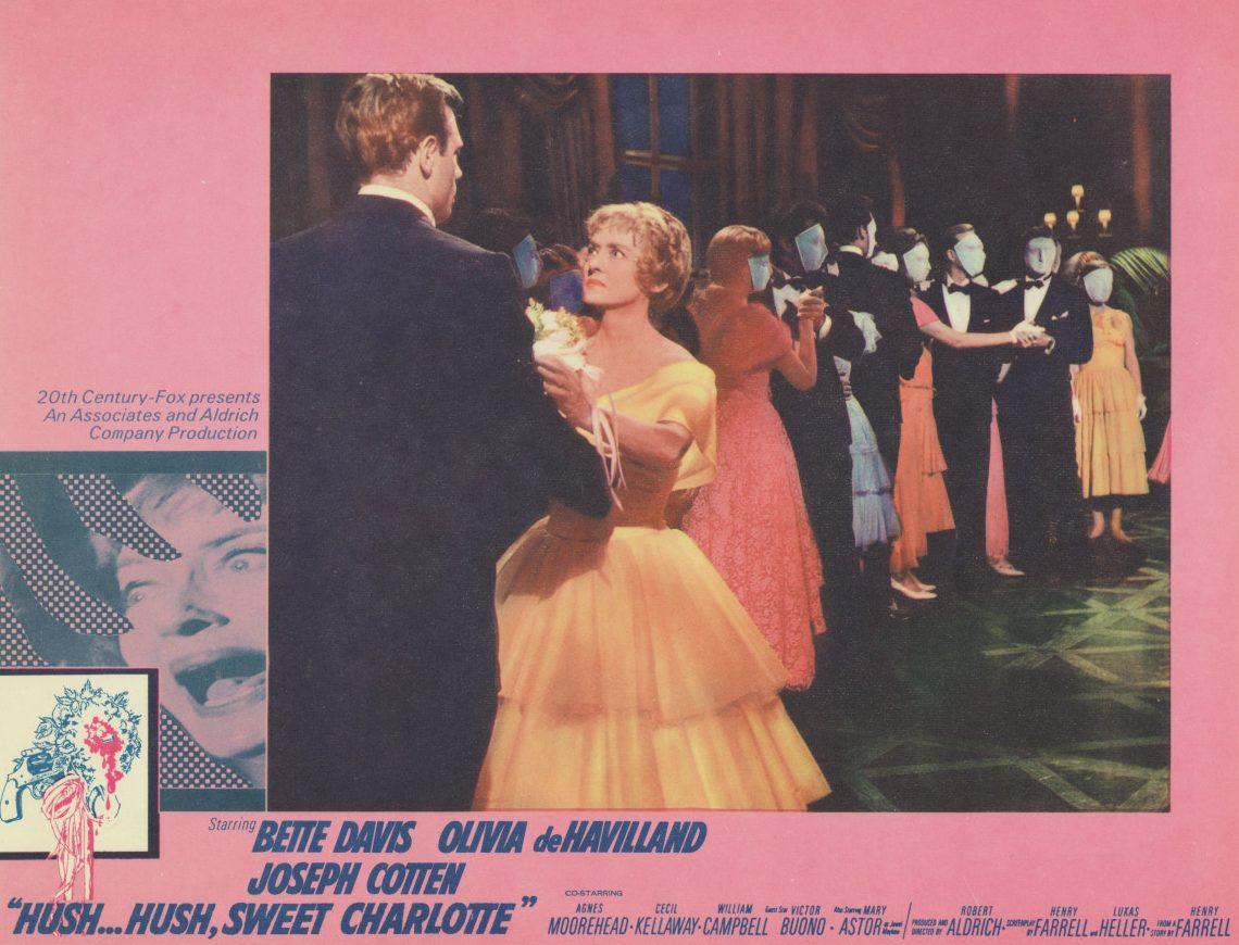 A vintage movie poster for Hush... Hush, Sweet Charlotte featuring a woman in a yellow dress dancing with a man in a suit. A ghostly choir stands in the background. The poster includes stylized text and a dramatic image of a womans face on the side.
