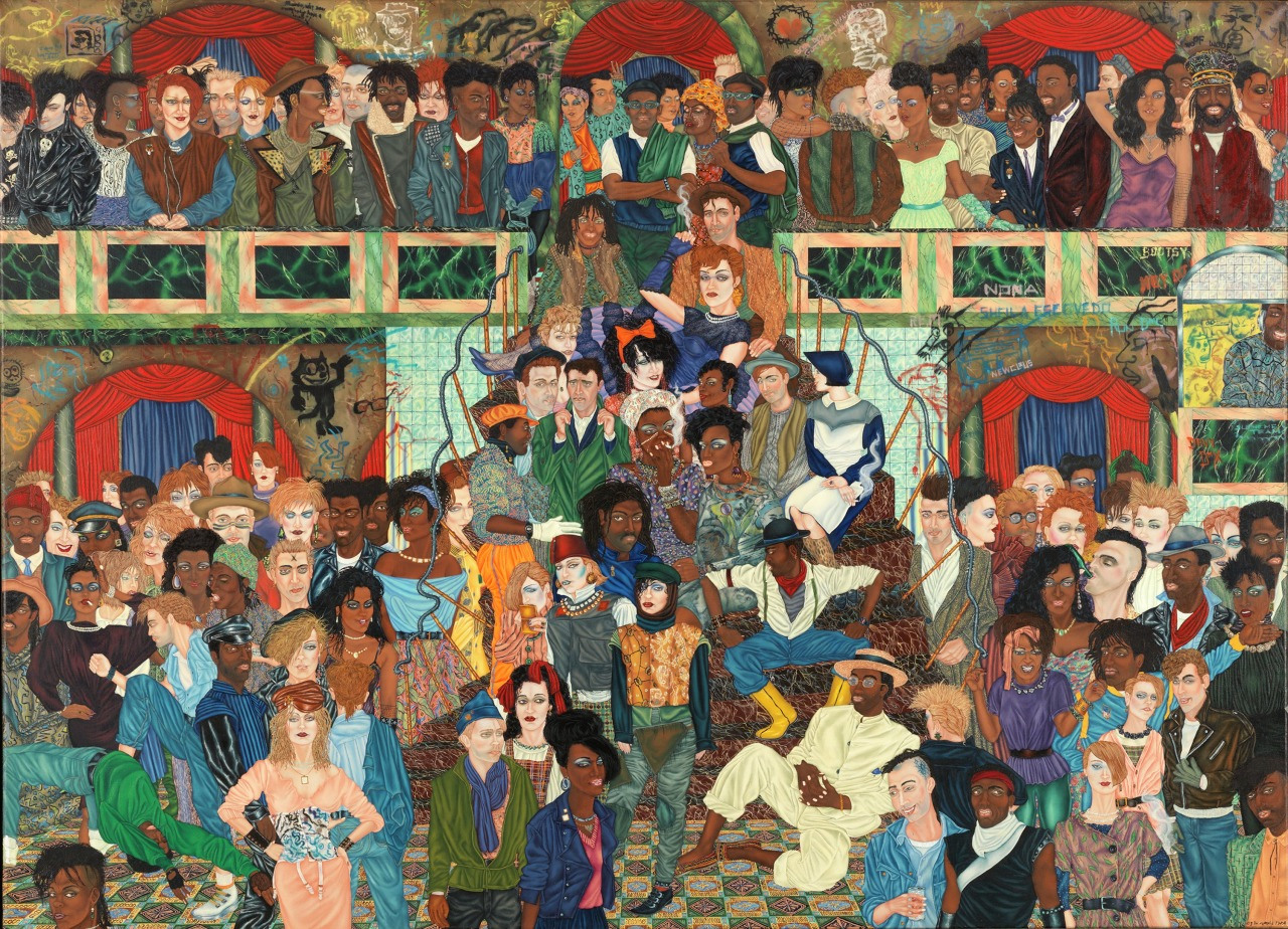 A vibrant, crowded scene depicting a diverse group of people gathered in a lively setting. The backdrop features arches and draped curtains. The individuals are dressed in various colorful, eclectic styles, with expressions suggesting a festive atmosphere.