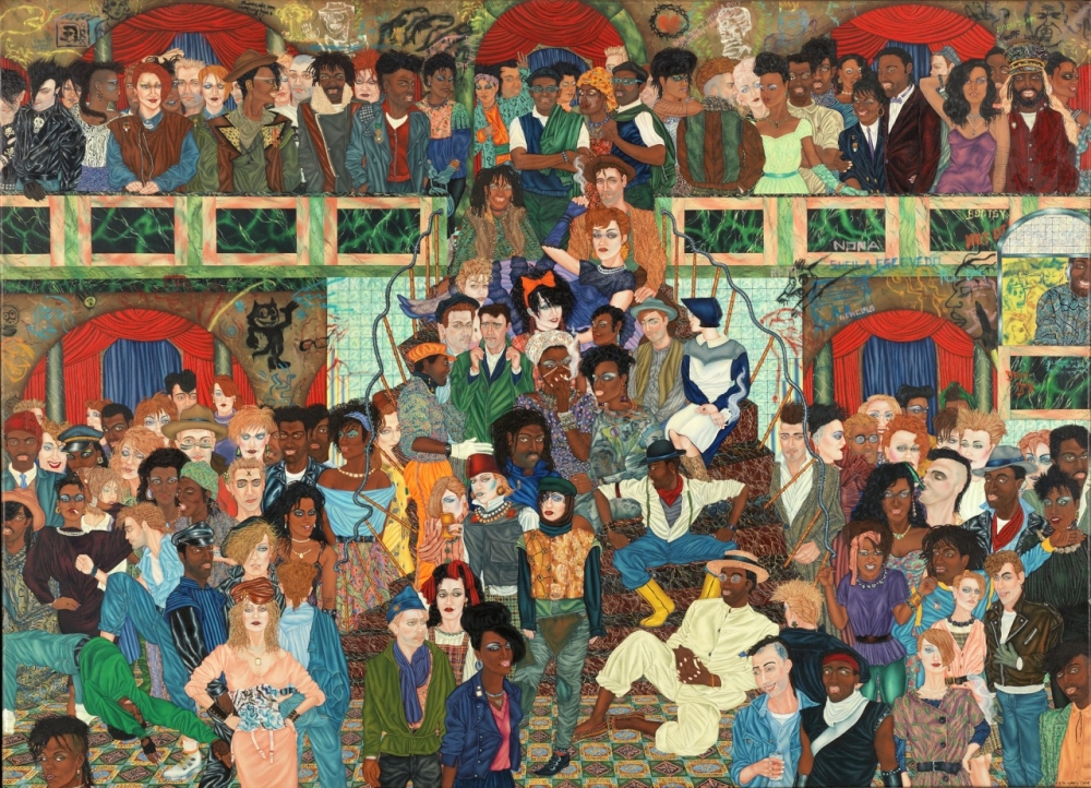 A vibrant and diverse crowd of people fills an elaborately decorated room with colorful windows and curtains. The group includes individuals with varied attire, hairstyles, and expressions, creating a lively and dynamic scene.