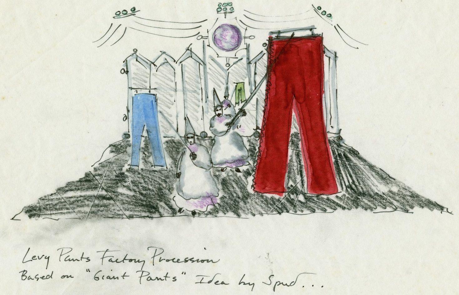 A whimsical illustration of a pants-themed parade with two large pairs of pants standing vertically. Three people in costumes hold banners and play drums. A colorful backdrop adds festivity to the scene. Handwritten notes are at the bottom.