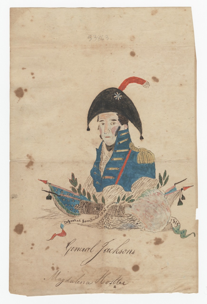 A historical drawing of a man in military attire, wearing a blue coat and black hat with a red plume. He is surrounded by two large birds, possibly peacocks, and ornamental foliage. Text below reads General Jackson Magdalena Arookoe.