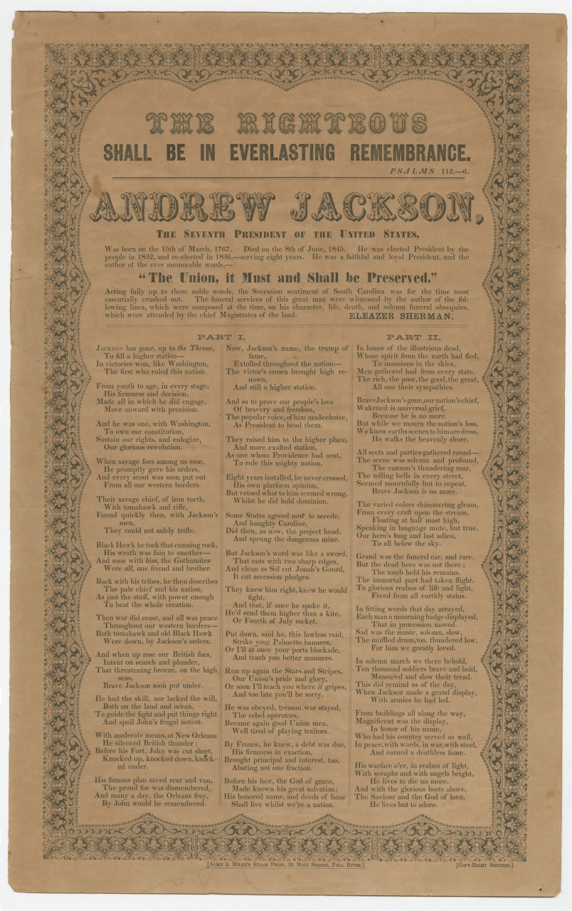 An ornate vintage document featuring a eulogy for Andrew Jackson, highlighting his presidency and dedication to the Union. Text is framed by an intricate floral border, with sections titled Part I and Part II, praising his legacy and actions.