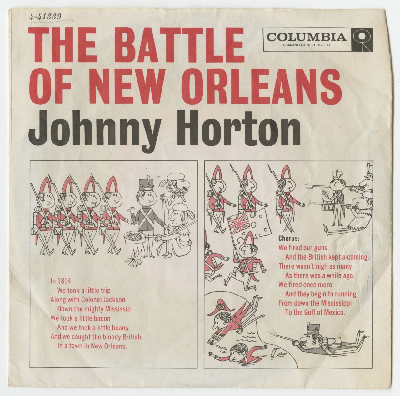 Vintage record cover for The Battle of New Orleans by Johnny Horton. Features illustrations of soldiers marching and battling, with lyrics in comic strip style and bold red title text at the top against a white background.