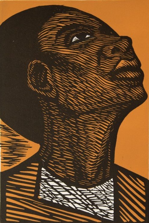 A stylized portrait of a person looking upwards, depicted using bold black lines and an orange background. The illustration emphasizes strong facial features and contrasts light and shadow with a white pattern on the shirt.