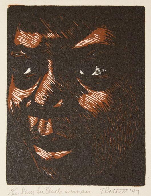 Woodcut print of a persons face with dark shadows and expressive eyes looking to the side. The artwork features detailed line work in warm brown hues, giving a textured and emotive appearance.