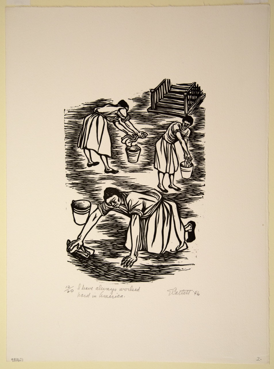 A black and white illustration depicts three women working. Two women carry buckets, bending over, while another kneels on the ground scrubbing. The text reads 14/20 I have always worked hard in America. The illustration is signed and dated 1946.