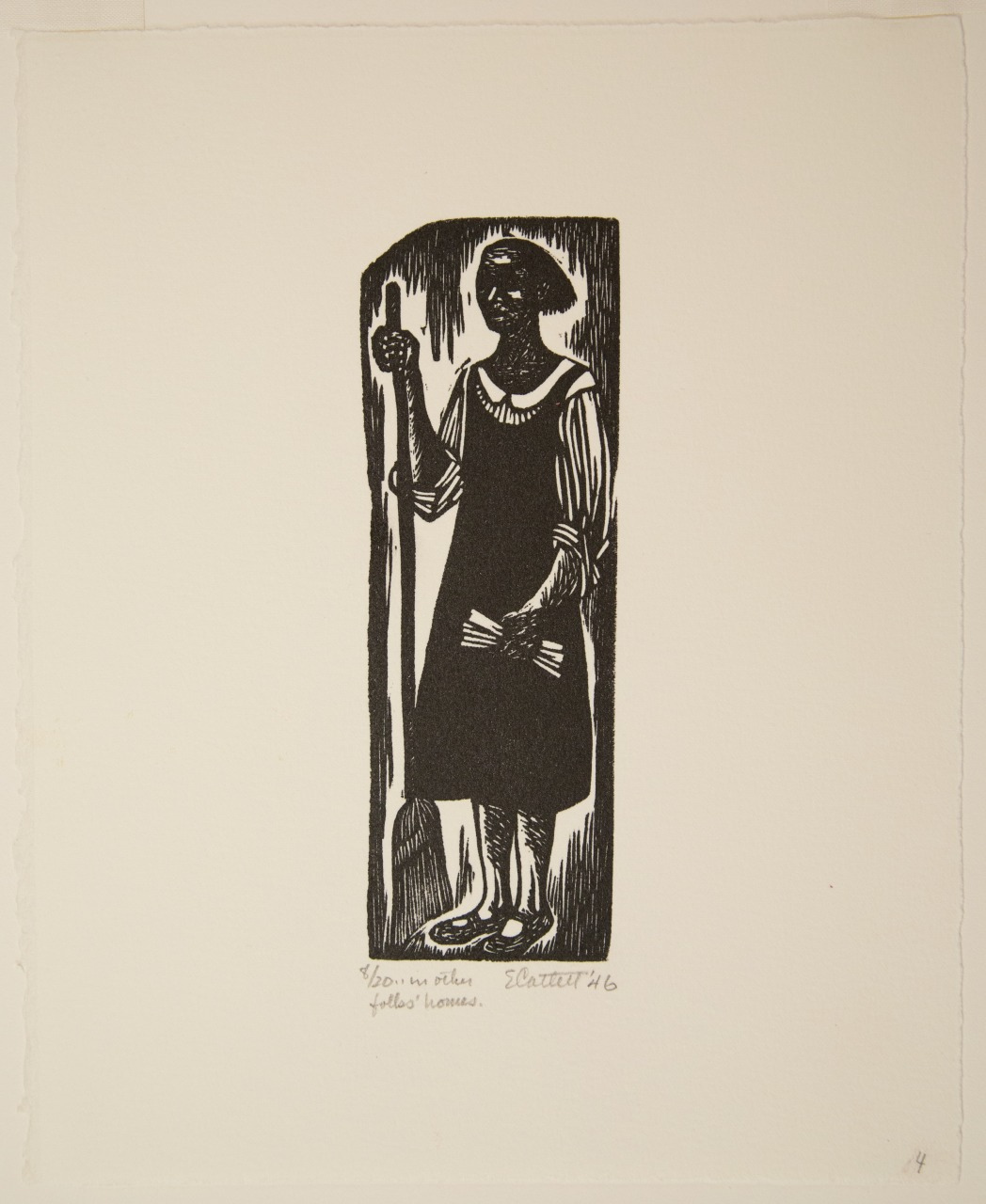Woodcut print of a woman in a knee-length dress and hat, holding a long stick. The figure is framed within a vertical rectangle, with a stylized, minimalist design. Monochromatic black ink on a light background.
