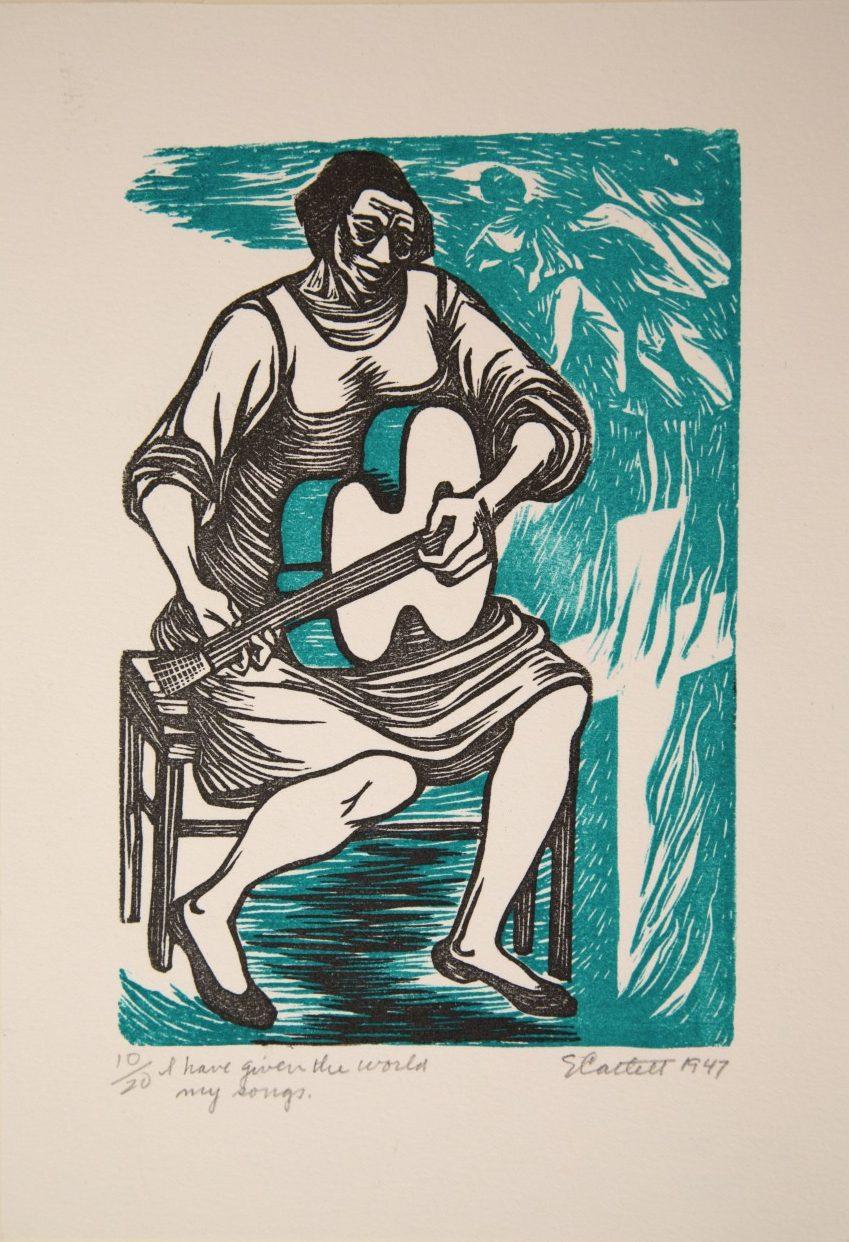 An abstract artwork depicting a person sitting on a chair, playing a guitar. The figure is surrounded by a teal background with ghostly figures. The piece has a date and signature at the bottom right corner.