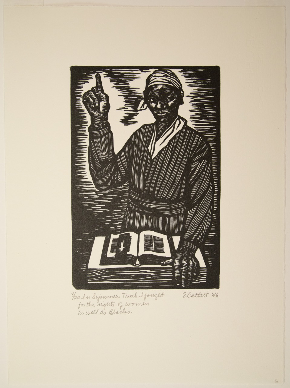 A black-and-white print depicts a woman wearing a headscarf and robe, standing beside an open book with a star. She raises one hand with an extended finger. Text below reads: Yo Ho! As An Abolitionist, I Fought For The Rights of Farmers as well as Fleshers.