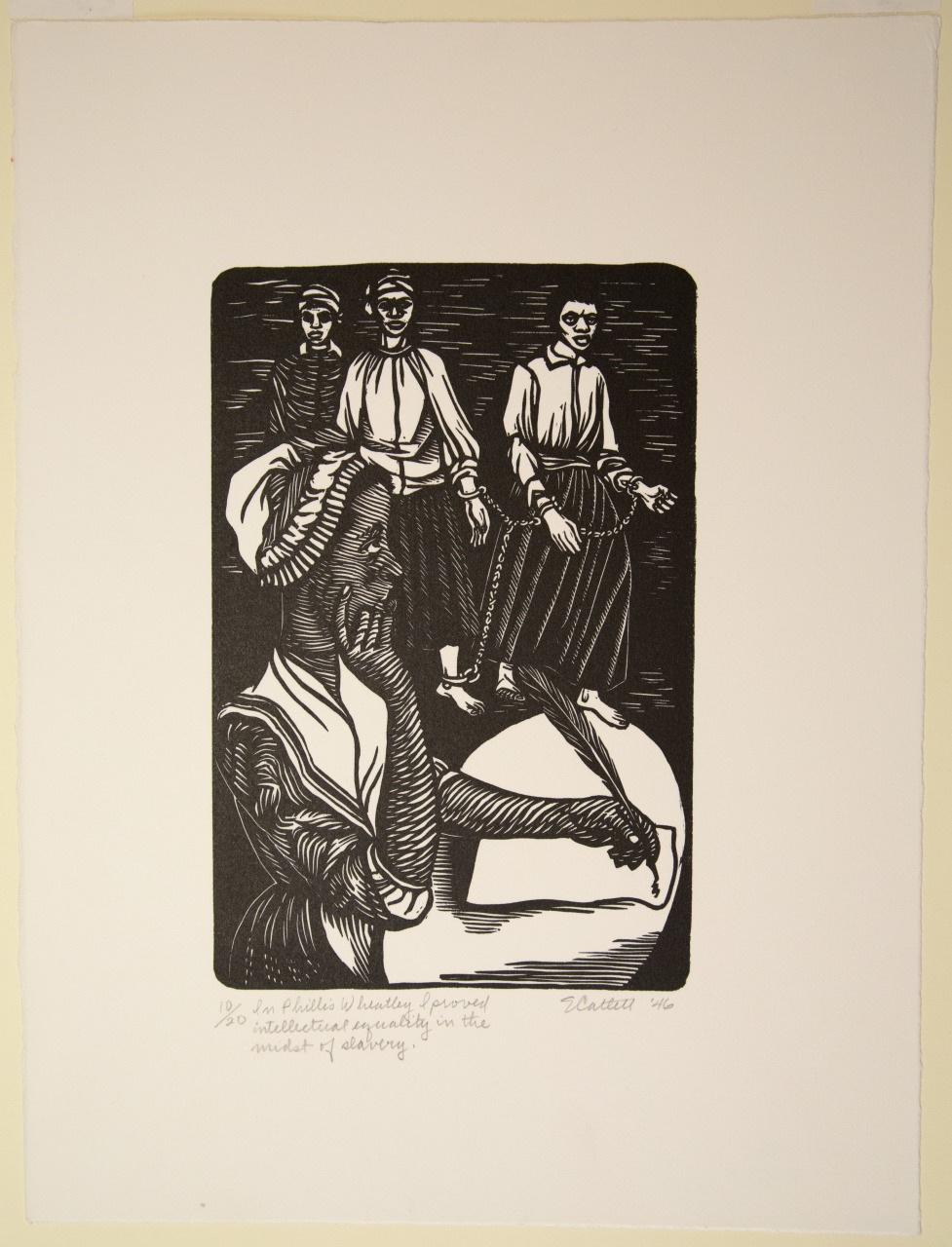 A black-and-white illustration depicts a contemplative person seated with their head resting on one hand. Three standing figures are in the background. The artwork includes text at the bottom and appears to explore themes of reflection and history.