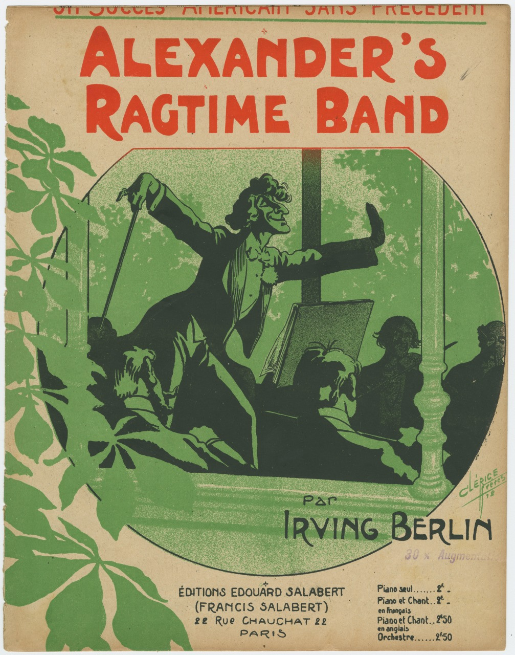 Vintage sheet music cover for Alexanders Ragtime Band by Irving Berlin, featuring an illustration of a conductor energetically leading a band, with bold red and green text and ornate detailing.