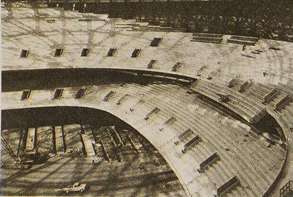 A 1973 interior photo of the Superdome under construction shows concrete rows before the seats have been installed.