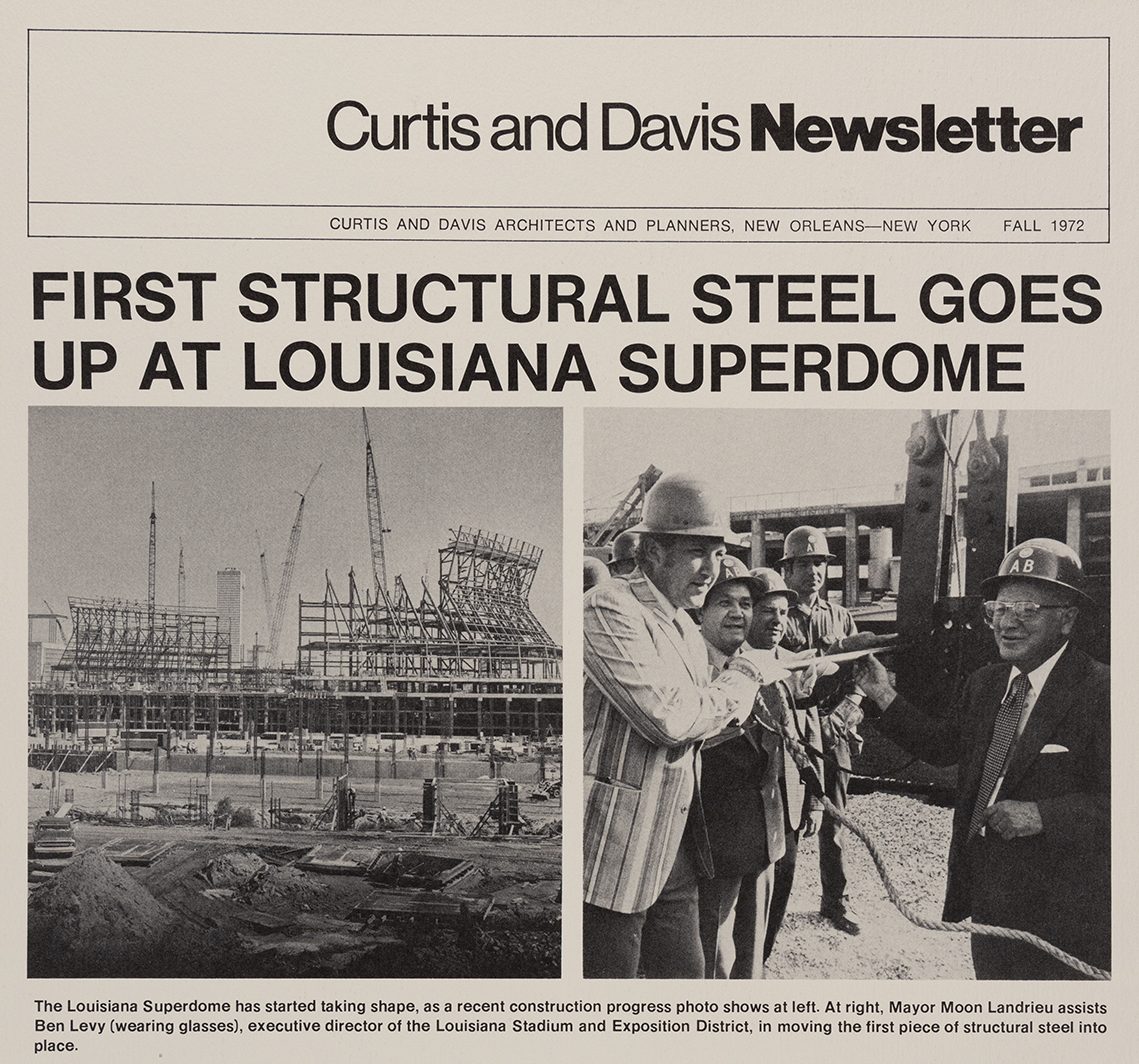 A page of the Curtis and Davis Newsletter shows two images of the Superdome being constructed, with the headline, "First structural steel goes up at Louisiana Superdome."