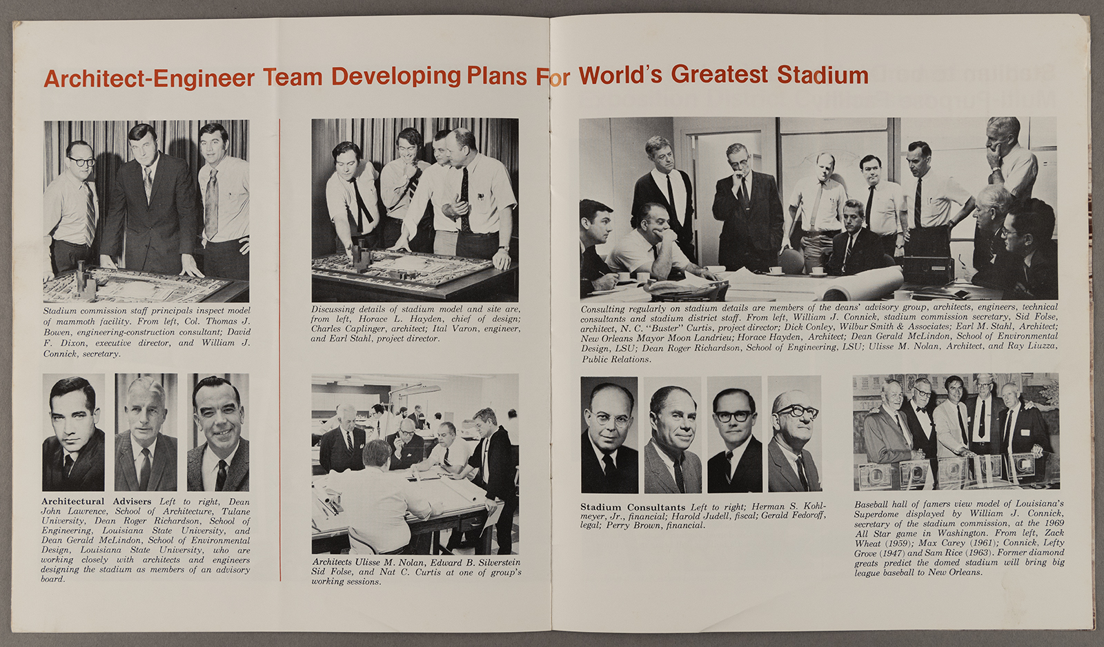 A spread from a promotional booklet shows photographs featuring the designers and architects of the Superdome.