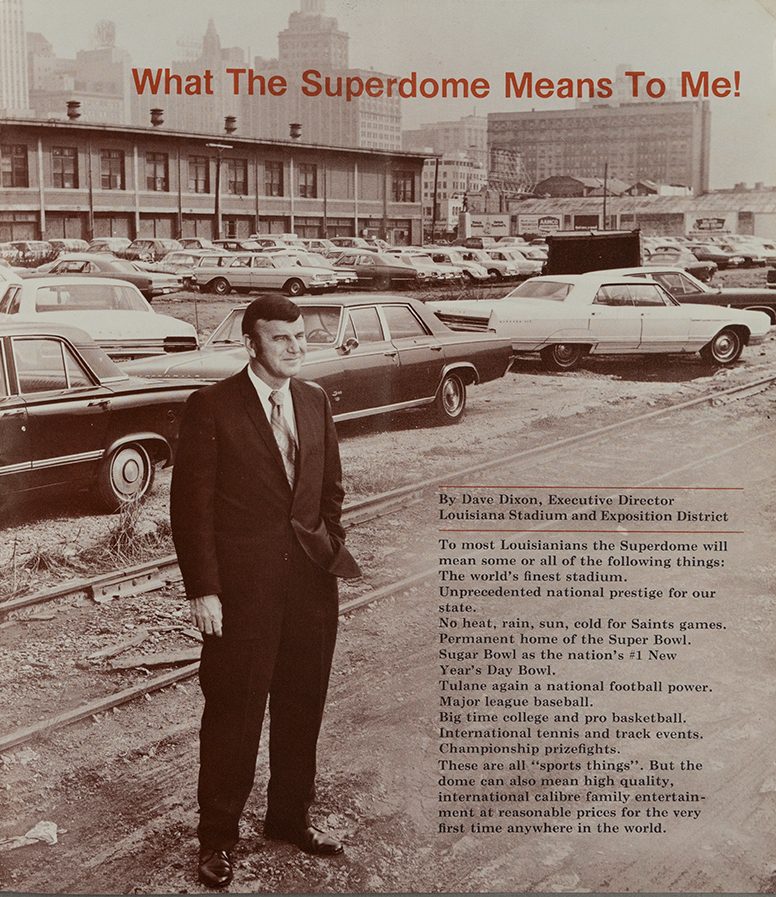 A page from a magazine shows a man in a business suit standing in front of New Orleans downtown. The header text reads, "what the Superdome means to me!"