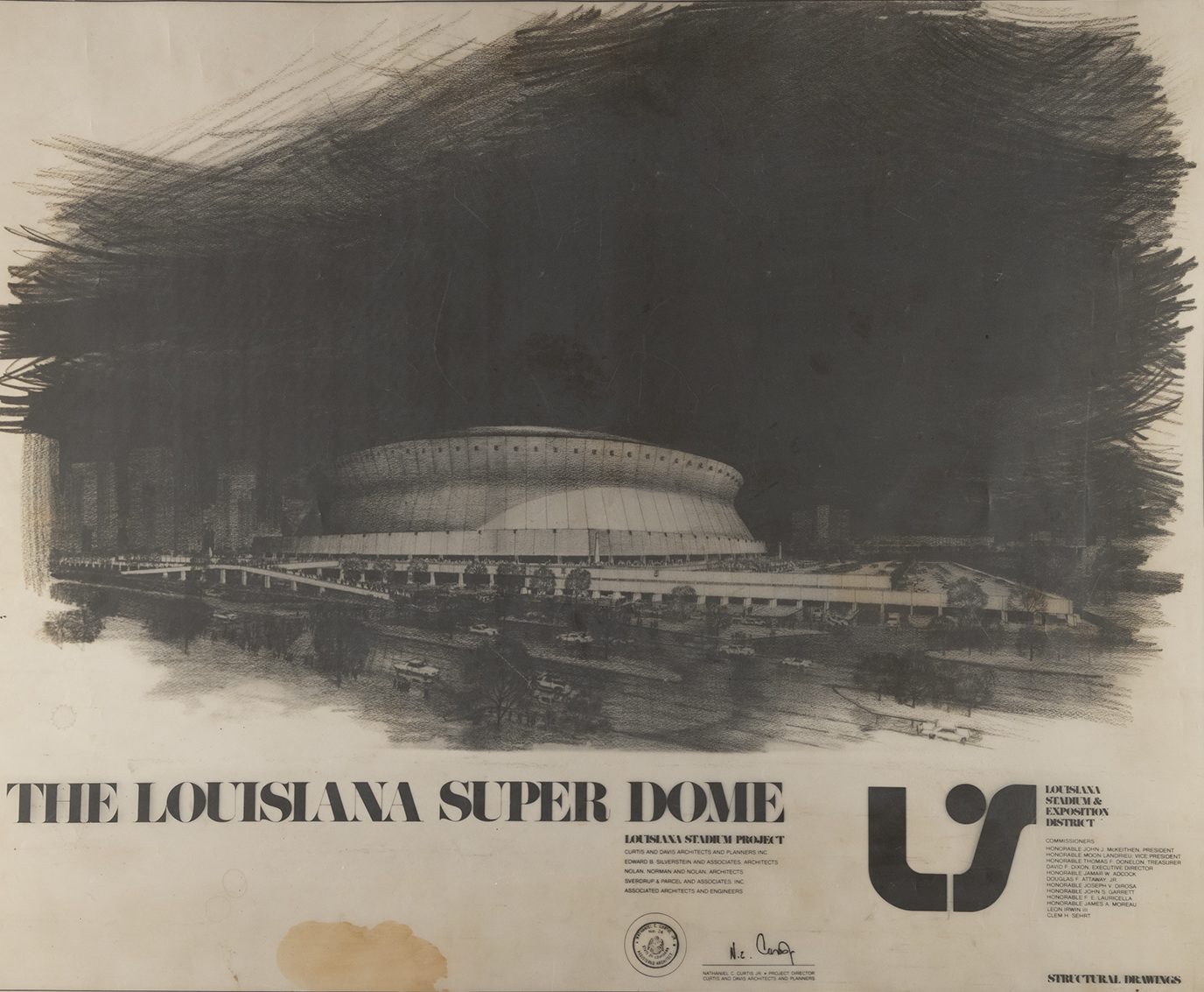 A black and white transparency shows an illustration of the Superdome.