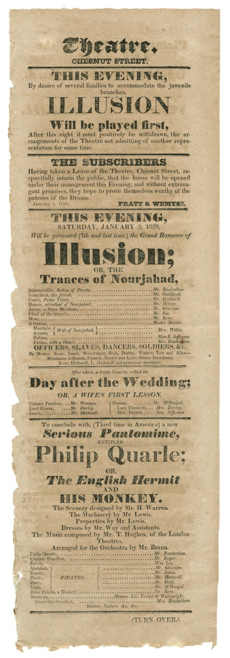 Vintage theater poster with text detailing performances including Illusion, Trances of Nosnadah, and The Beautiful and Ever-changing Mirror, among others, to be held on Chestnut Street. The paper has a worn, aged appearance.