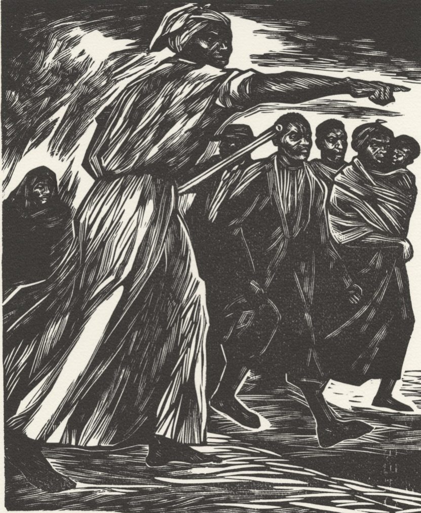 A black and white illustration depicts a group of African-American individuals walking with determination. A prominent figure in the foreground, wearing a headscarf and long dress, points forward, leading the group. The artwork is dynamic and expressive.