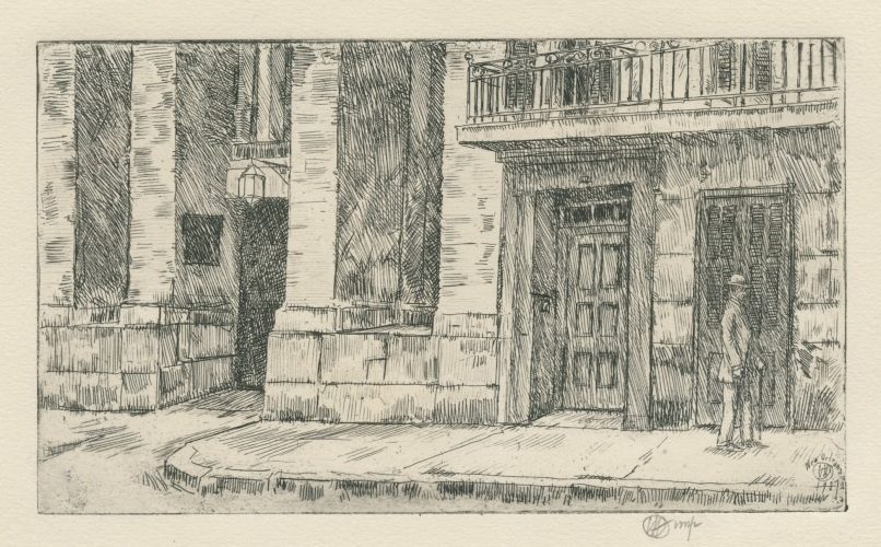 A detailed sketch of a city street showing a building facade with large columns and a wooden door. A person stands near the entrance, wearing a hat. Balconies with railings are visible above. The scene is shaded to create depth and texture.