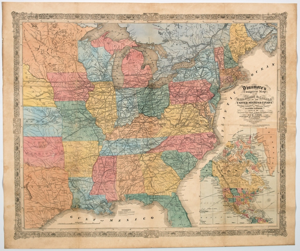 A vintage map of the eastern United States from the 1800s, featuring detailed state boundaries and a smaller inset map of North America. The map includes various colors and intricate topographical details.