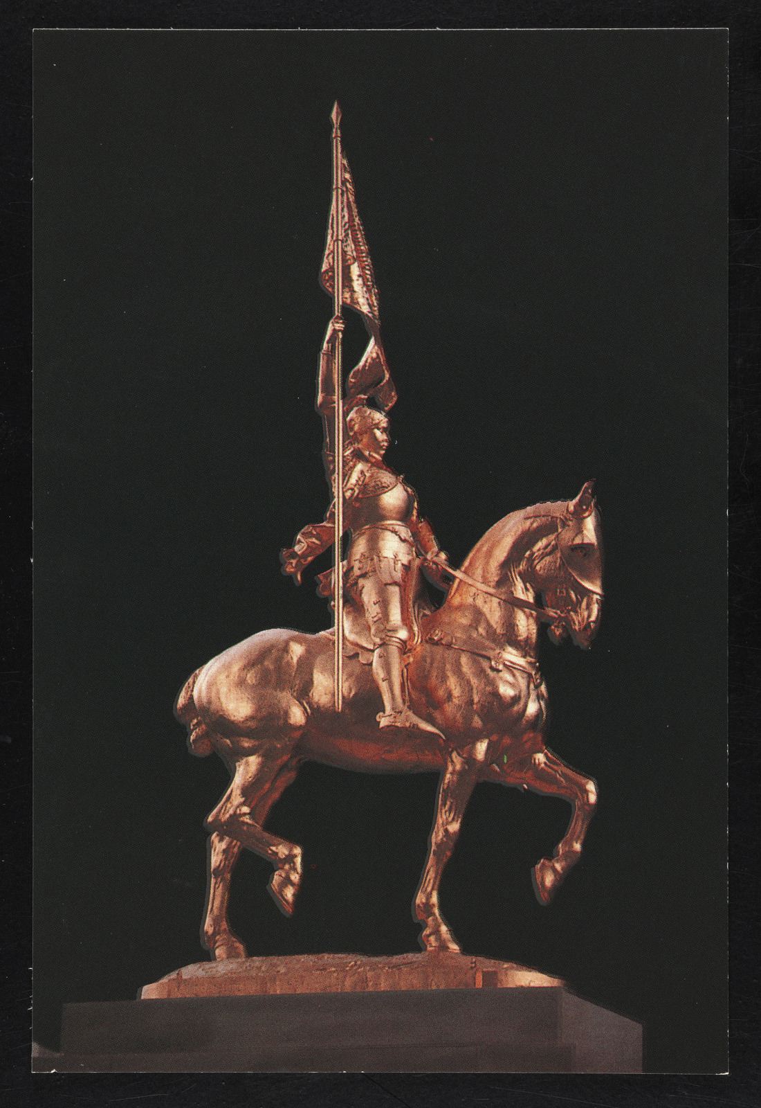 Postcard featuring bronze statue of Joan of Arc, between 1951 and 1969, published by Grant L. Robertson Inc.