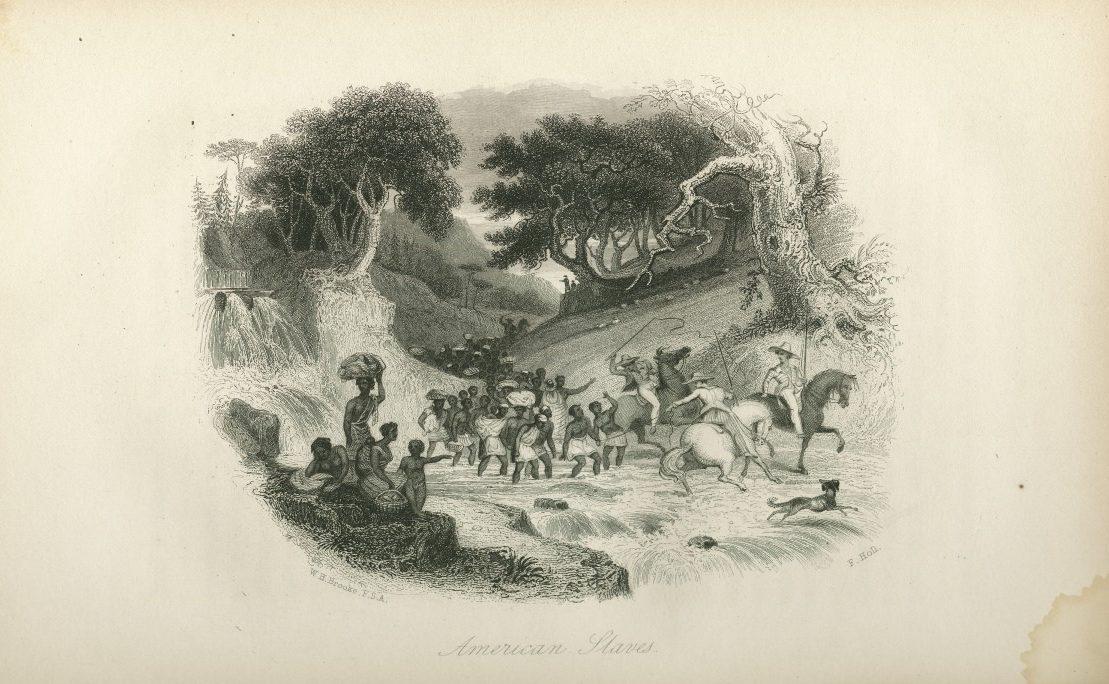 A black and white illustration depicts a group of people crossing a river. Some are on horseback and others are walking while carrying bundles. Trees and rocky terrain surround them. The scene is labeled American Slaves.