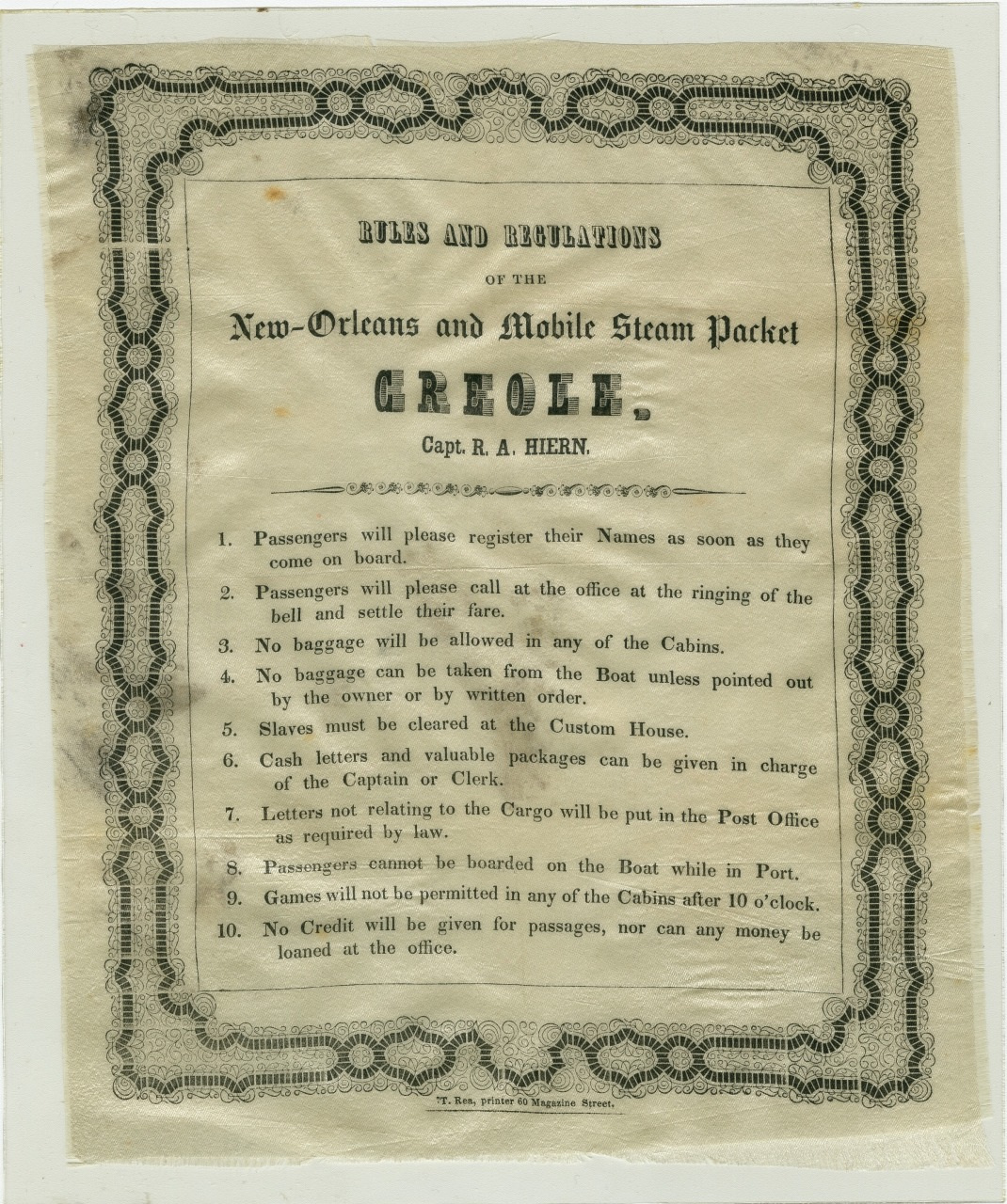 An old document titled Rules and Regulations of the New-Orleans and Mobile Steam Packet Creole lists ten rules for passengers, including registering names, checking baggage, and instructions about mail, freight, and credit.