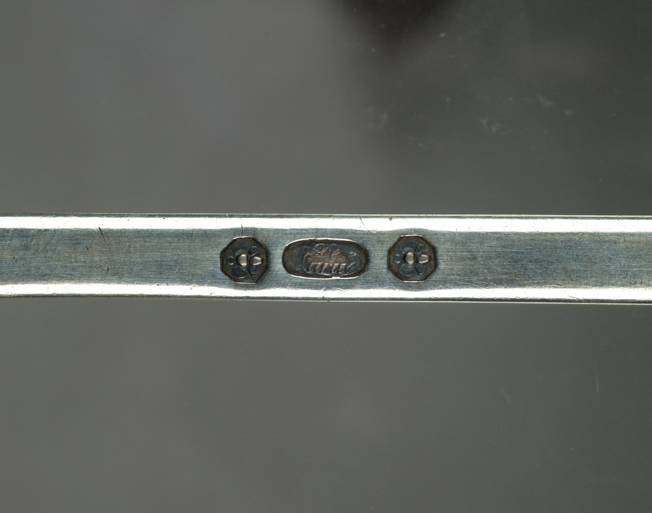 A close-up of a silver-colored metal rod featuring an engraved oval with decorative circular patterns on each side. The surface is slightly reflective and smooth.